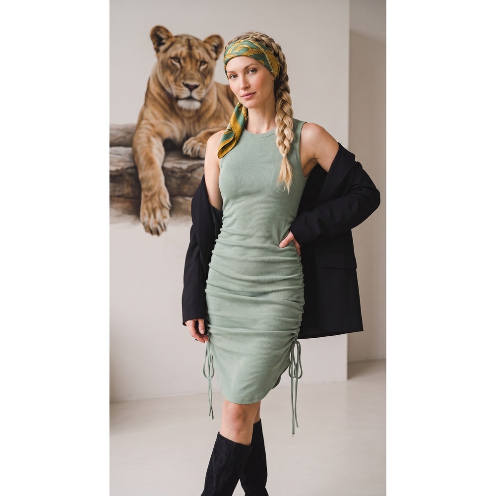 Lioness Women Sage Green Ribbed Knit Ruched Side Bodycon Midi Dress XXS
